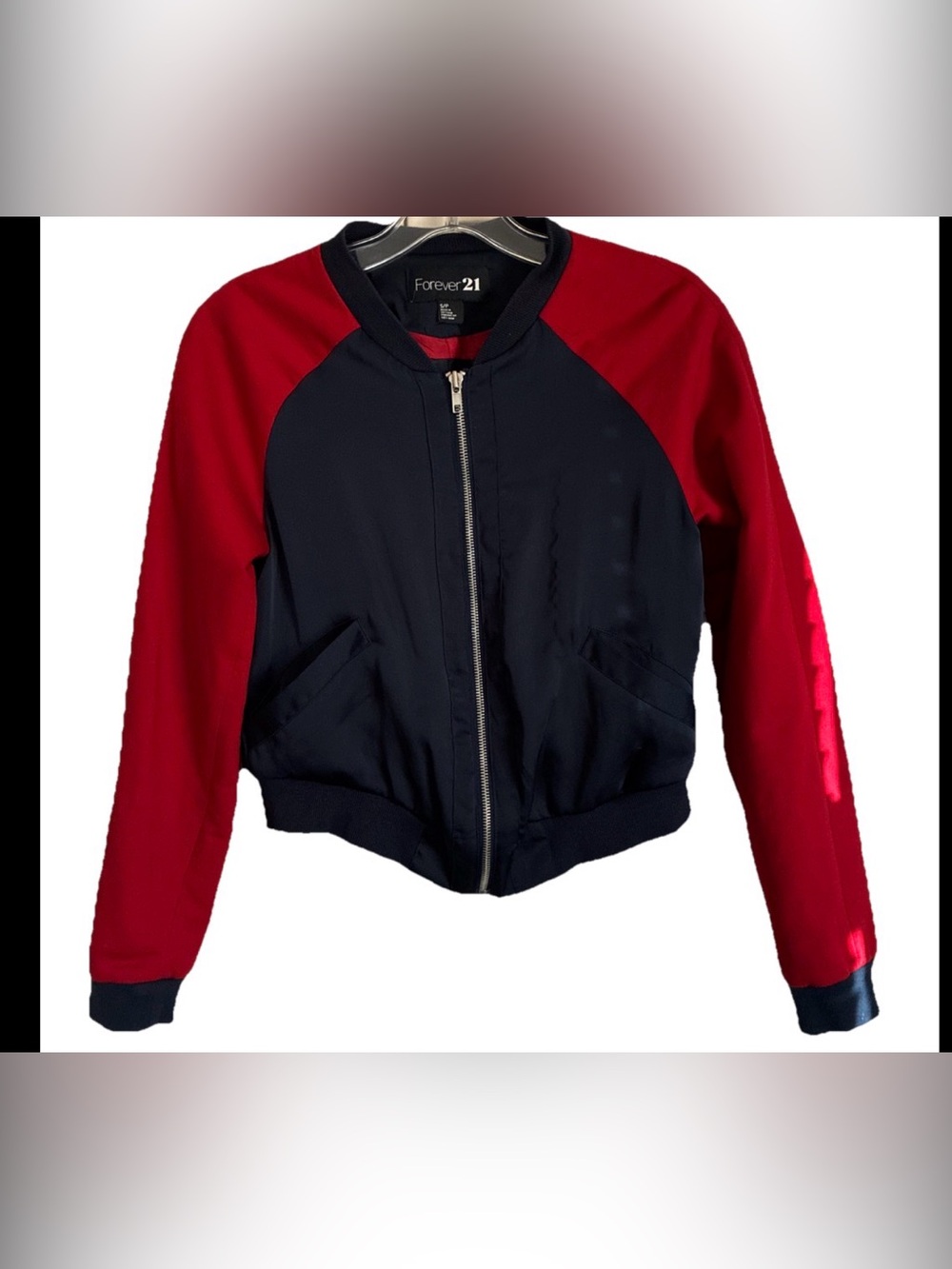 Forever 21-Red and Navy Colorblock Cropped Bomber Zip-up Jacket Sz S